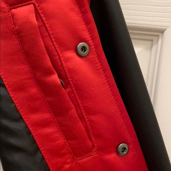 Red Satin Bomber Jacket, Leather Sleeves - Picture 3 of 3